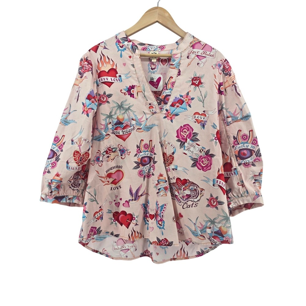 Ivy Jane Blouse Womens L Heart To Heart Pink Tattoo Flash Art 641359 NEW